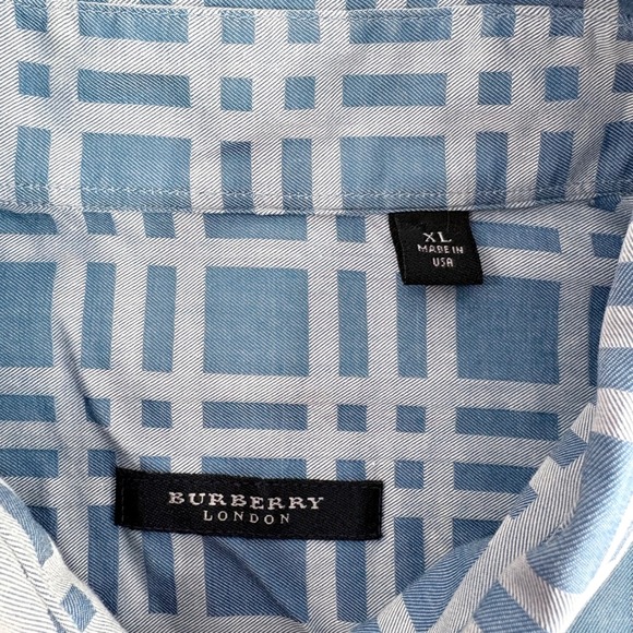 VTG Burberry London Button Down Shirt Blue Geometric Grid Check Cotton Men XL - Picture 5 of 8